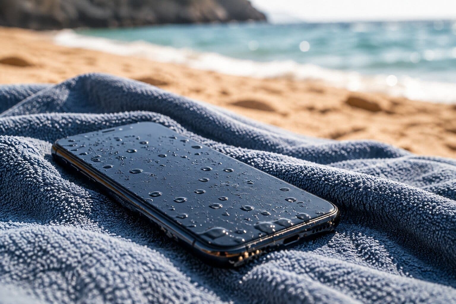 Mokar telefon na peškiru na plaži nakon pada u vodu